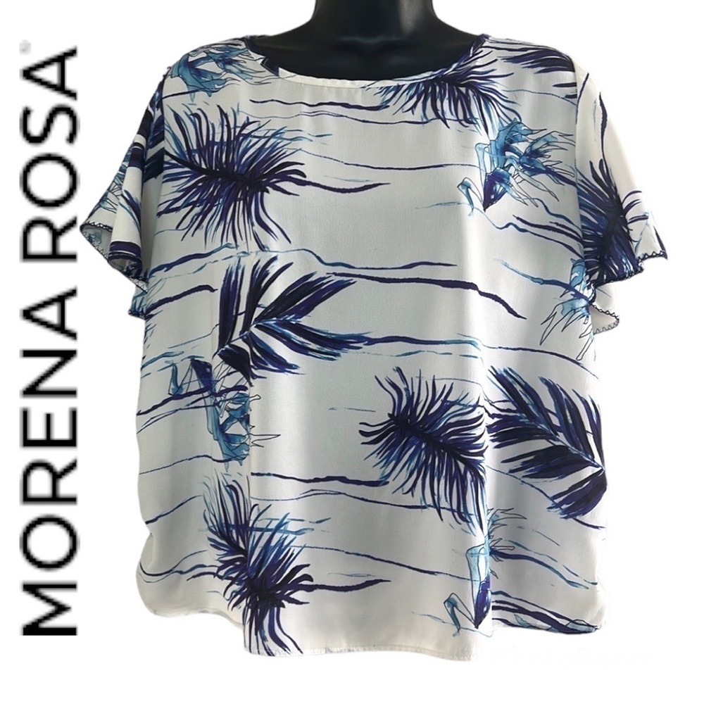 Morena Rosa Blue/White Palm Leaf Print Short Sleeve Blouse Size M